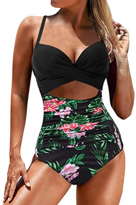 JFAN Traje de baño de una Pieza de Verano para Mujer con Cintura Estrecha y Soporte Cruzado para el Pecho(Negro + Hoja de Loto,XL)