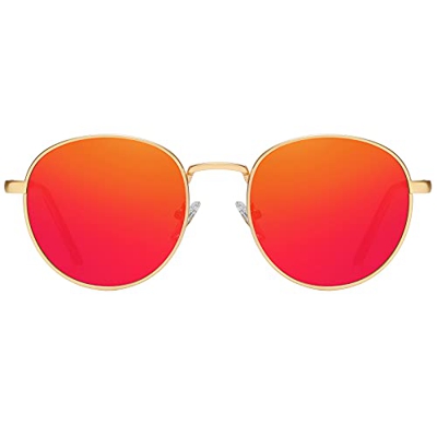 H HELMUT JUST Gafas de sol Redondas para Mujer Vintage con Montura en Metal Rojo Espojo Anti Reflejo