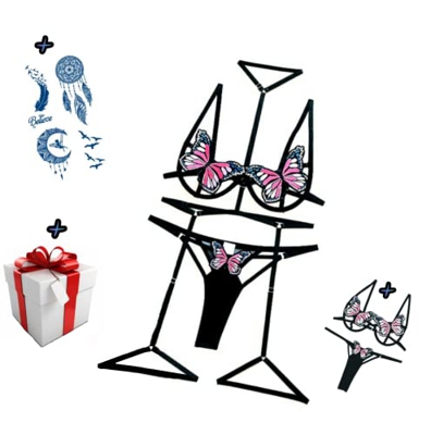 dalilo Conjunto de lencería para mujer con diseño de mariposas, 3 piezas, incluye bikini, tatuajes temporales y cuarto regalo de la mariposa cada día.