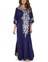 JENJON Mujeres Vestido de Playa Kaftan Floral Bordado Bohemia Tamaño Largo Cover Ups para Bikini B-Azul Talla única precio