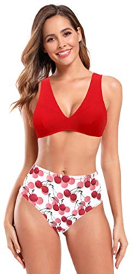 SHEKINI Conjunto De Bikini De Dos Piezas para Mujer Tops con Cuello En V Profundo Cintura Alta Bikini con Flores Parte Inferior Acolchada Bikini De Pl