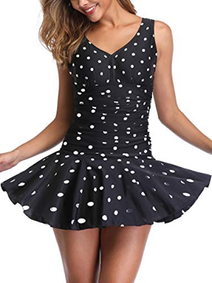 Bañador con Falda Ajustable Talla Grande Traje de Baño de Una Pieza Vestido Negro Puntos 4XL