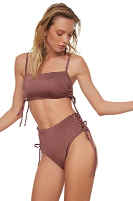 Trendyol Bikini de Cintura Alta con Detalles en la Parte Superior Inferior, marrón, 40 para Mujer