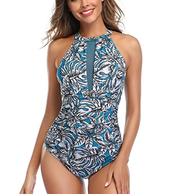 Trajes de Baño de una Pieza para Mujer con Cuello Halter Y Malla Fruncida Monokini con Control de Barriga(S-Todo Azul)