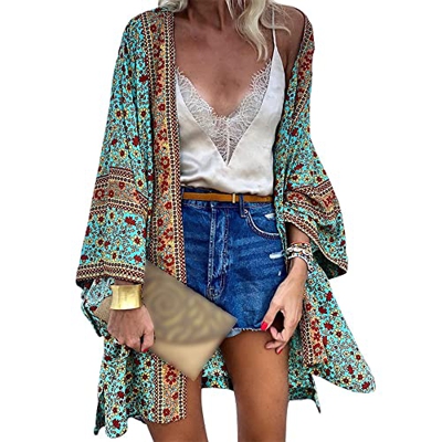 NA - Chal suelto para mujer, kimono con estampado floral, ropa de playa, estilo bohemio, blusa informal de verano, traje de baño