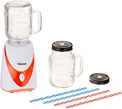 FRULLATORE MASON JAR TRISTAR CON 2 BICCHIERI IN VETRO E 4 CANNUCCE 0,6 LT BIANCO