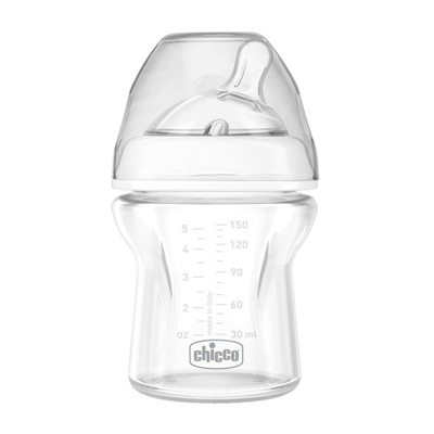 Chicco - Biberón De Vidrio Anticólicos Tetina Silicona NaturalFeeling Flujo Normal (150 Ml.) +0 M. Transparente