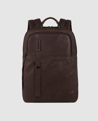 Piquadro - Mochila Grande De Hombre De Piel Marrón Oscuro Con Cremallera