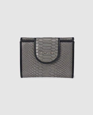 Pierre Cardin - Cartera Mediana De Mujer En Gris Con Grabado Piel Serpiente