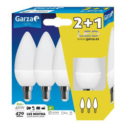 Bombilla LED vela 6W casquillo E14 220º 470 lumenes, Luz neutra Pack 2+1 - GARZA en oferta