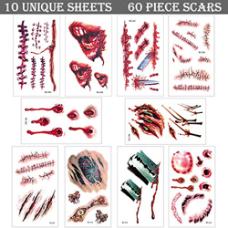 Temporay Tattoos, 10 hojas de diseño diferentes, Halloween Zombie Scars Tattoos Stickers con Fake Scab Blood Special Fx Body Makeup Props en oferta