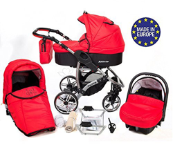 Allivio - Sistema de viaje 3 en 1, silla de paseo, carrito con capazo y silla de coche, RUEDAS GIRATORIAS y accesorios (Sistema de viaje 3 en 1, rojo  características