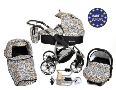 Allivio - Sistema de viaje 3 en 1, silla de paseo, carrito con capazo y silla de coche, RUEDAS GIRATORIAS y accesorios (Sistema de viaje 3 en 1, leopa