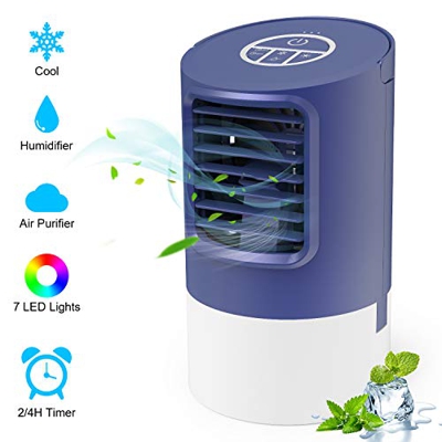 TedGem Ventilador Aire Acondicionado, Aire Acondicionado Pequeño,4 en 1 Enfriador de Aire Portatil,Humidificador,Ventilador de Escritorio,7 Luces LED,