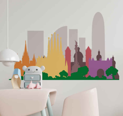 sticker mural skyline Bâtiments de barcelone multicolores precio