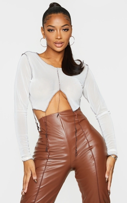 Shape - Crop top en mesh crème à coutures et col simple, Crème