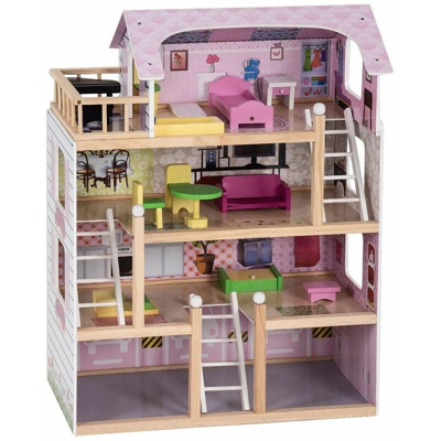 Casa delle Bambole in Legno, Giocattolo dei Bambini con Accessori, 81 x 60,5 x 29,5 cm - COSTWAY