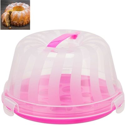 Relaxdays - Contenitore per Torte, Rotondo, con Manico, Ciambelle & Crostate, Trasporto, HD 15,5x28,5, Pink/Trasparente