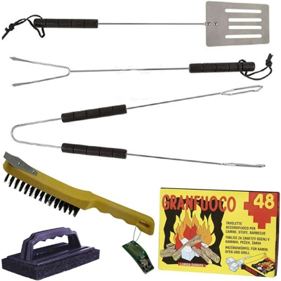 Mike Set Accessori Barbecue, Utensili per Grill 5 Pezzi+ 48 pz Accendifuoco| Set BBQ con Pala, Pinza, Forchetta, Spazzola con Raschietto e Spugna