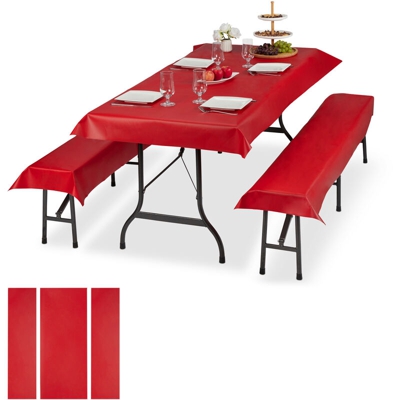 6x Set Tovaglie per Tavoli e Panche da Birreria, Misure LxP 100 x 250 cm, 4 Copri Panca, Lavabili, Rosso - RELAXDAYS