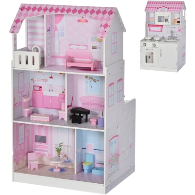 2 in 1 Casa delle Bambole Cucina Giocattolo in Legno per Bambini 3+ Anni Rosa - Homcom