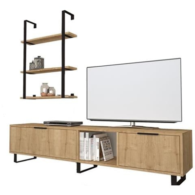 Mobile Porta Tv 2 Ribalte Con Libreria 3 Mensole Rovere 180x35xh. 40 Cm