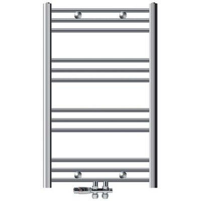 Termosifone (radiatore) Bagno, Ecd Germany, Modello Sahara, 600 X 800 Mm, Cromo, Piegato, Con Collegamento Centrale, Portasciugamani, Rubinetto H Doppio Diritto Per Radiatore Bagno (1/2 ''), Termostatica, Collegamento A Pavimento