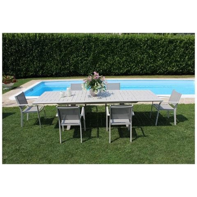 Set Tavolo Giardino Allungabile Rettangolare 200/300 X 110 Con 6 Poltrone In Alluminio Tortora Per Esterno