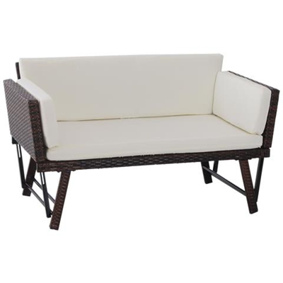 Divano Da Giardino 2 Posti Trasformabile In Lettino In Pe Rattan, Bianco, 129x66x79cm