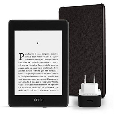 Kit essenziale Kindle Paperwhite, include un e-reader Kindle Paperwhite, 8 GB, Wi-Fi, con offerte speciali, una custodia Amazon in pelle (colore: Nero