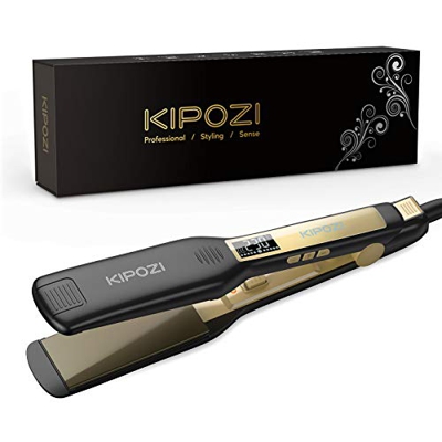 KIPOZI Piastra per Capelli Professionale, Piastra Larga in Titanio con Display Digitale Lcd, Adatta a Tutti i Tipi di Capelli, Doppia Tensione (Nero)