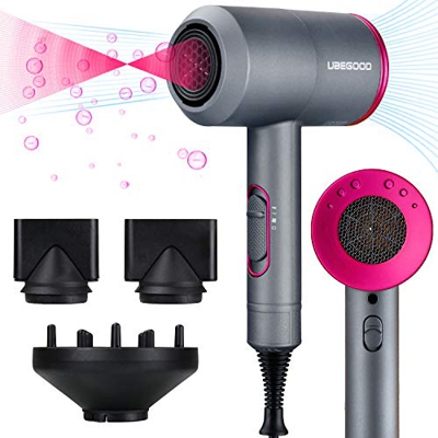 UBEGOOD Asciugacapelli, 2000W Asciugacapelli professionale Ionico Protezione da Surriscaldamento Hair Dryer con 2 Ugelli e 1 Diffusore, 3 Impostazioni