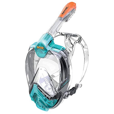 SEAC Libera, Maschera Intergrale da Snorkeling, Silicone Ipoallergenico, Sgancio Rapido per Bambini e Adulti, Acquamarina/Arancione, S/M