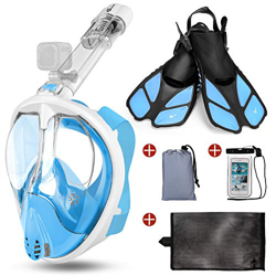 Odoland Snorkeling Kit 5-in-1 con Maschera Snorkeling Full Face - Anti-Fog e Anti-Perdite, Pinne Corte Snorkeling, Coperta da Spiaggia, Custodia Imper características