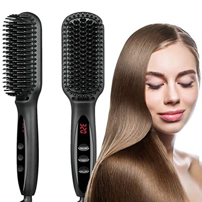 Monlida Spazzola Lisciante Elettrica, Pettine Lisciante per Capelli e Barba con Tecnologia Ionica, 12 temperature (Nero)