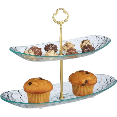 Relaxdays Alzata a 2 Piani, per Muffin, Biscotti, Snack, Ovale, in Vetro, HLP 25x33,5x13 cm, Alzatina, Oro/Trasparente