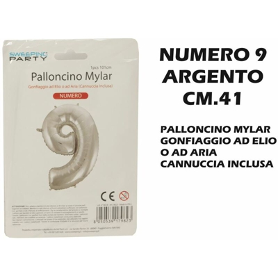 Palloncino Mylar Cm.41 Numero 9 Argento