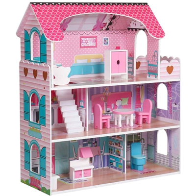 Casa delle Bambole Landa de MDF 62x27x70 cm con 8 Mobili in Miniatura 3 Piani - Outdoor Toys