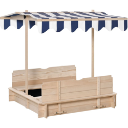 Sabbiera per Bambini in Legno con Tettuccio Parasole, Panca e Coperchio, 106x106x121cm Bianco e Blu - Outsunny en oferta