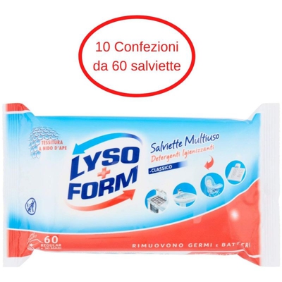 Lyso form salviette igienizzanti detergenti multiuso 10 confezioni da 30x2 salviette