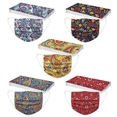 QWD 50 Pezzi Adulti_Mascherine Cotone Bandana, Colorate Stampa Fiori di anacardi Facciale Protettiva, 3 Strati Protezione della Bocca e dal Naso, Abbi