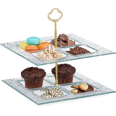 Alzata a 2 Piani, per Snack, Biscotti, Muffin, Quadrata, Vetro e Metallo Alzatina 27x26x26 cm, Trasparente/Oro