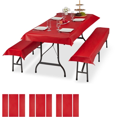 12x Set Tovaglie per Tavoli e Panche da Birreria, Misure LxP 100 x 250 cm, 8 Copri Panca, Lavabili, Rosso