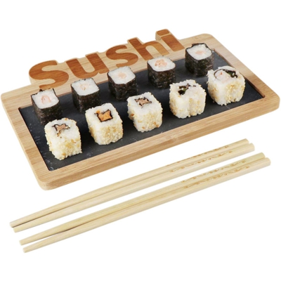 Bakaji - Set Sushi Cibo Giapponese 2 Persone Bacchette Legno Bamboo e Vassoio Ardesia 3pz