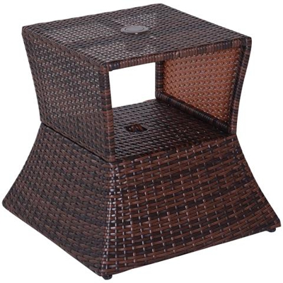 Tavolino Da Esterno In Rattan Con Foro Per Ombrellone, Marrone, 54x54x55cm