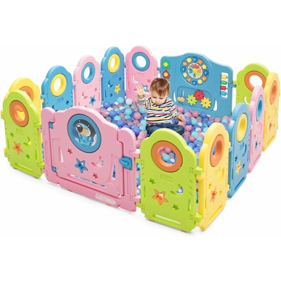 Costway - Box con 14 Pannelli, Centro Attivita per Bambini, Pieghevole e Antiscivolo, con Porta Chiusura, Barriera Recinto Sicuro