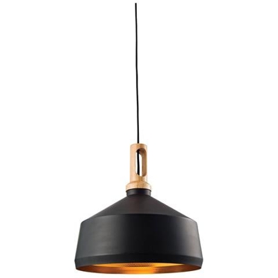 Lampadario A Soffitto 1 Luce Cupola Nero Opaco, Legno Effetto Chiaro, E27