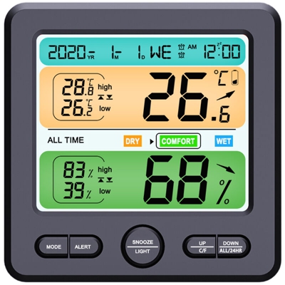 Display LCD da parete Desktop da interno Misuratore di temperatura e umidita ad alta precisione Sveglia elettronica domestica Casa intelligente,Nero