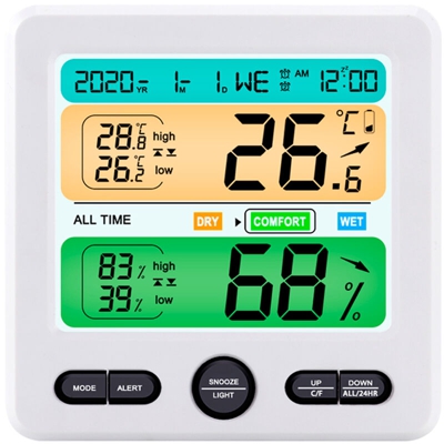 Display LCD da parete Desktop da interno Misuratore di temperatura e umidita ad alta precisione Sveglia elettronica domestica Casa intelligente,Bianca