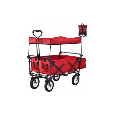 Bear Family - Carrello pieghevole con tetto, carrello da spiaggia, da giardino, girevole a 360°, portata fino a 80 kg, colore: Nero/Rosso (con